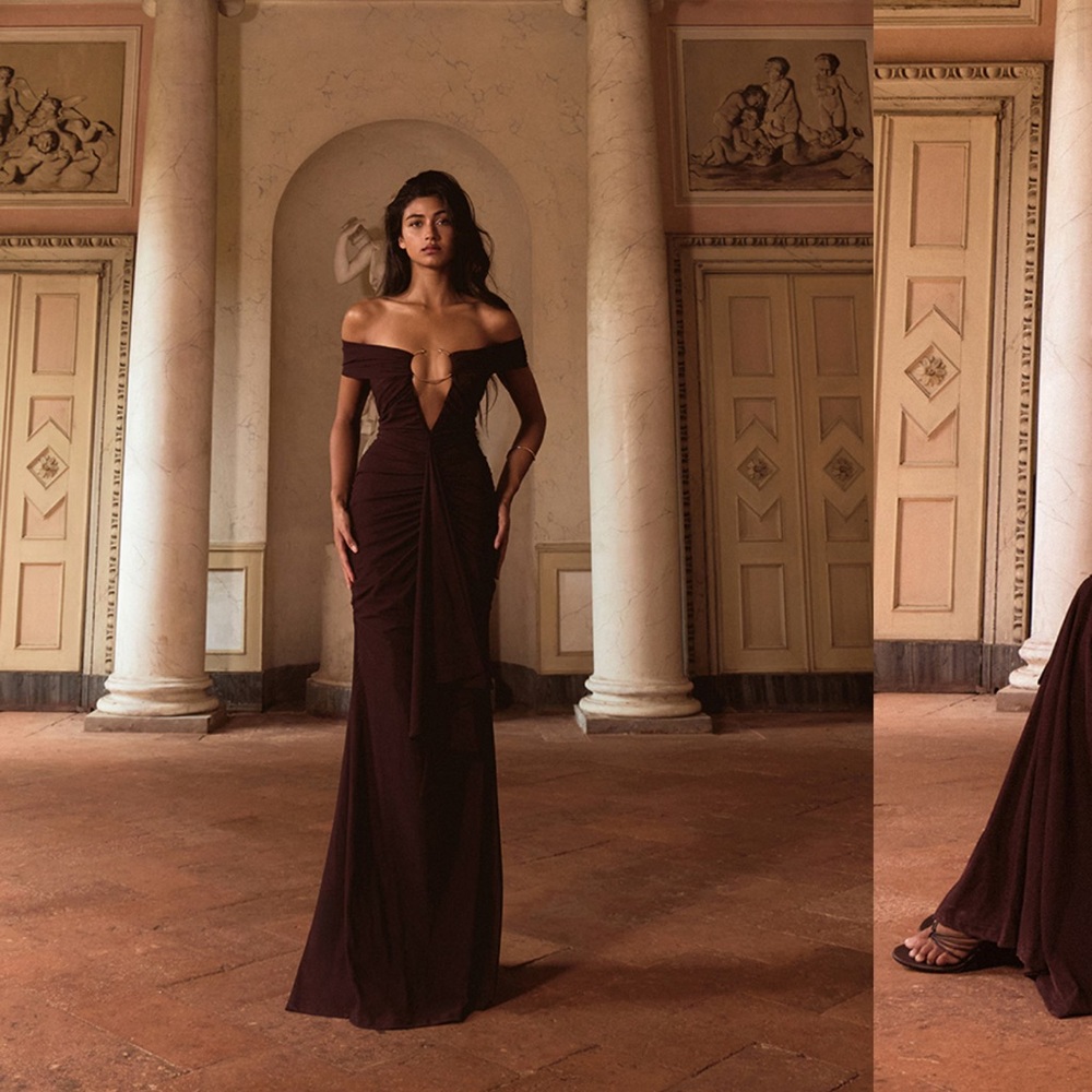 PrettyLittleThing Offshouldee Dark Brown Dress
